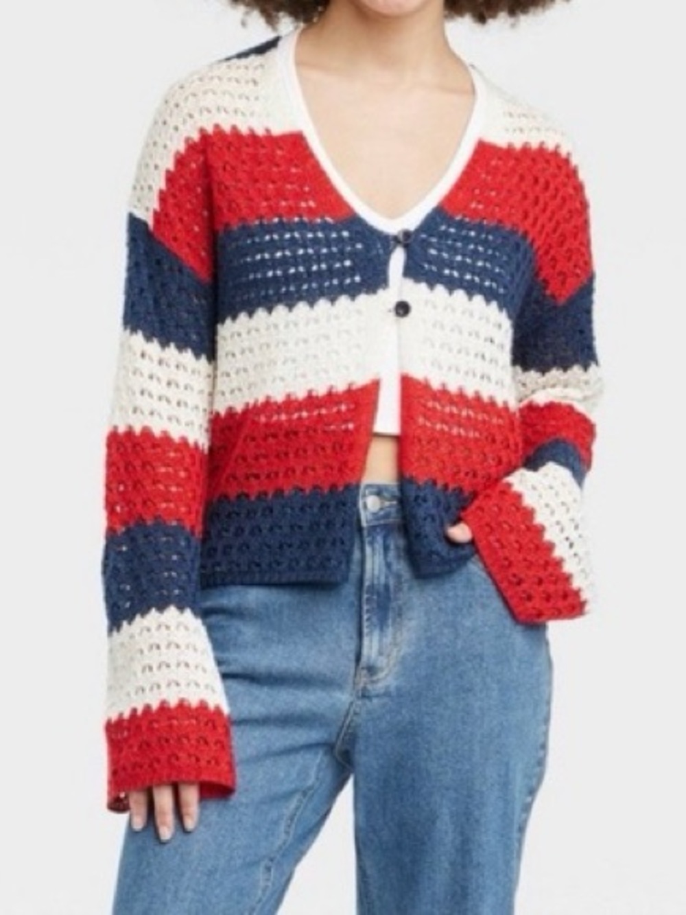 33 Degrees Red, White & Blue Striped Crochet V Neck Open-Front Cardigan ❤️🤍💙